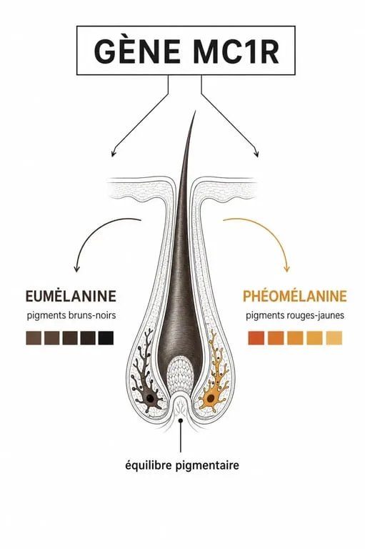 Cheveux roux : schéma du gène MC1R et de l’équilibre entre eumélanine et phéomélanine