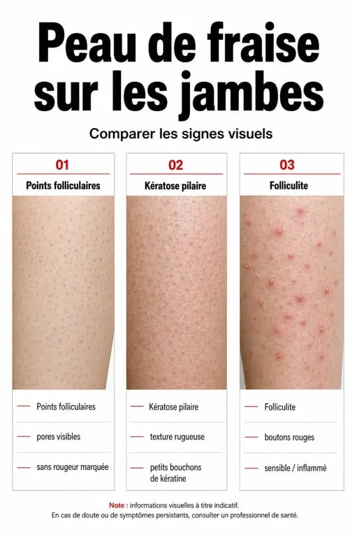 Peaux de fraise : comparaison visuelle entre kératose pilaire, poils incarnés et folliculite