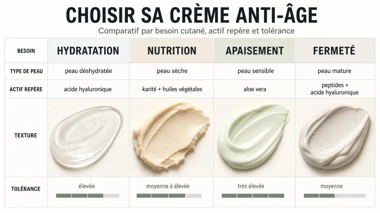 Crème anti-âge : visuel comparatif des textures, actifs et tolérances selon le type de peau