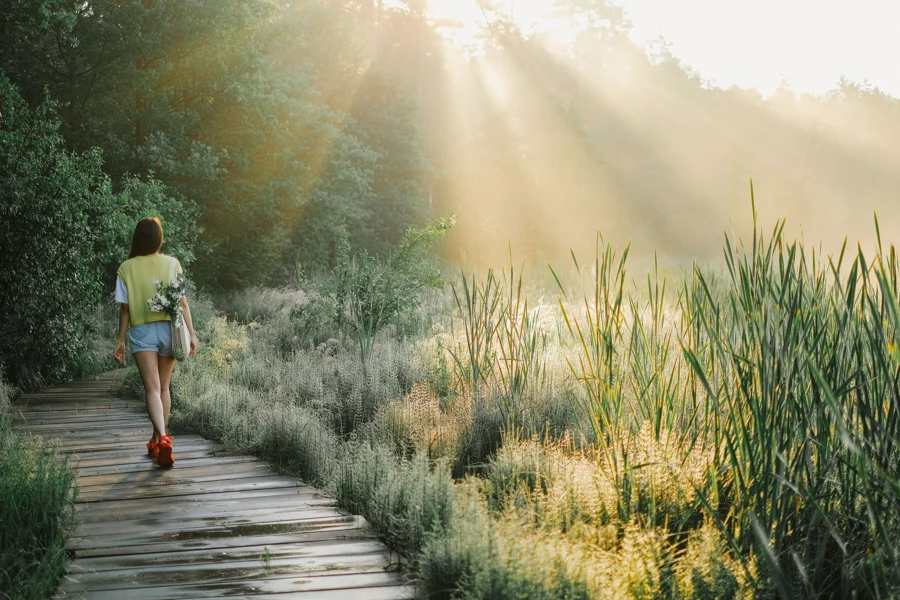 Femme marchant sur un sentier de bois dans la lumière du matin