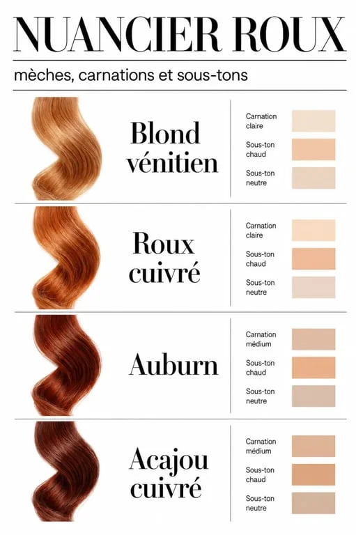 Cheveux roux : comparaison des nuances blond vénitien, cuivré, auburn et acajou cuivré